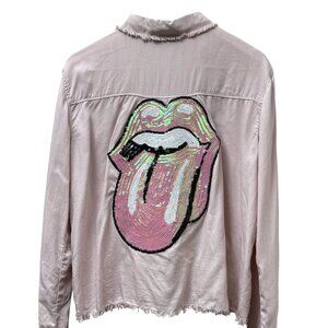 Sojara Shirt Rolling Stones Pink Sequin Tongue M/L Long Sleeve Rocker Top
